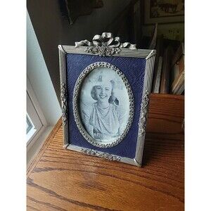 Vtg Ornate Pewter Rose Bow Photo Frame Stand Tabletop Victorian 5x7 Textured NIB